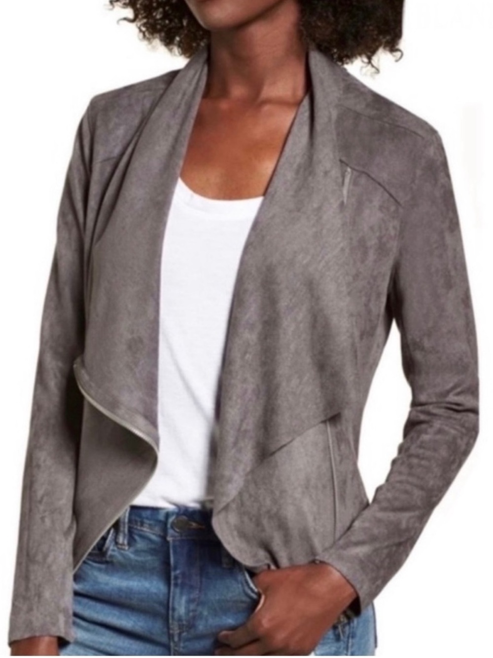 BLANKNYC GREY FAUX SUEDE DRAPE FRONT JACKET